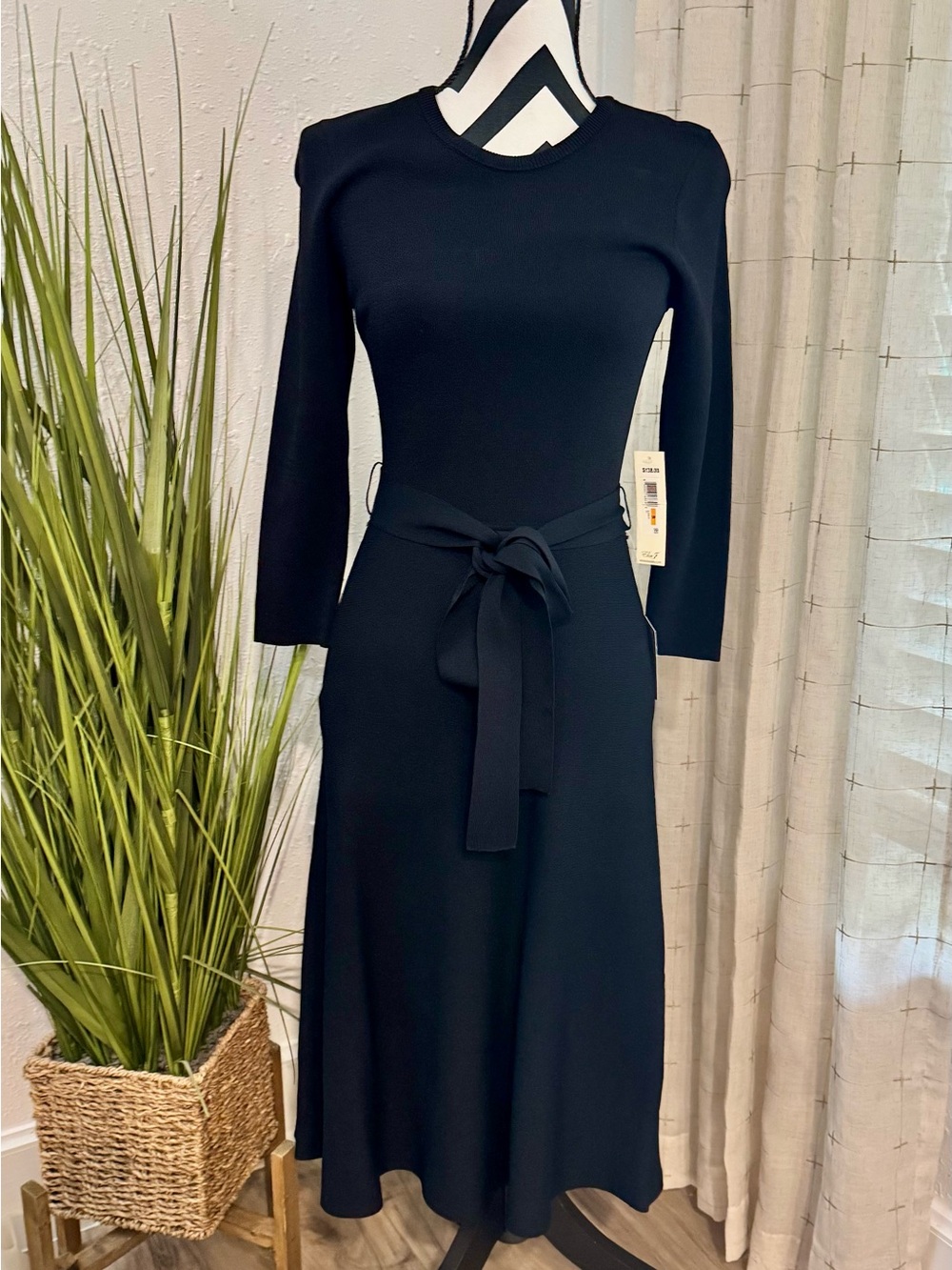 Eliza J Classic Black Long-Sleeve Tie-Waist Dress
